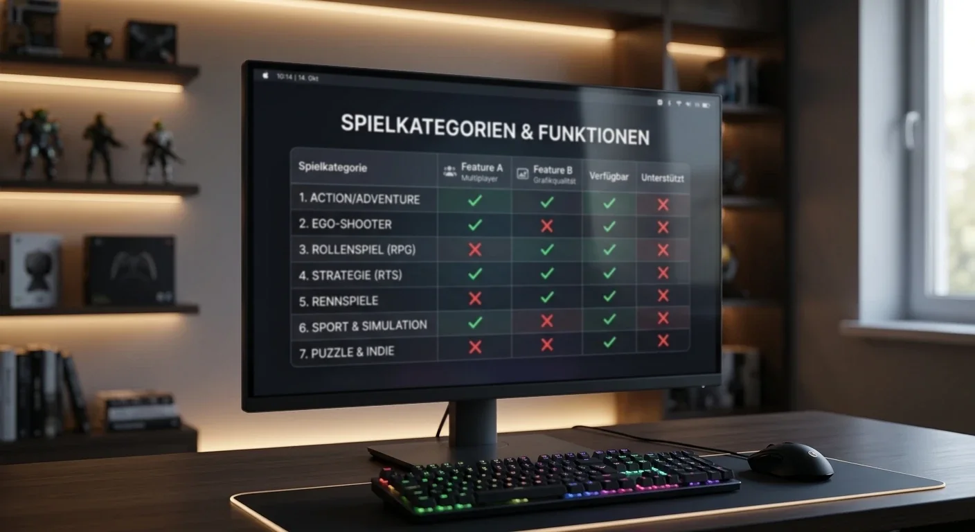 Zwei Spalten mit grünen Häkchen und roten Kreuzen neben Spielkategorien