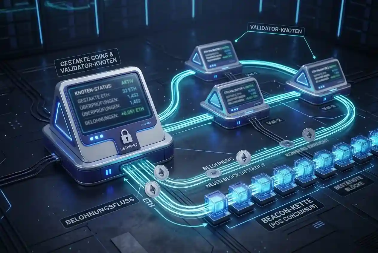 Staking-Prozess-Diagramm mit Validatoren und Rewards auf Blockchain