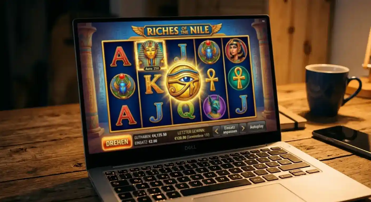Laptop-Bildschirm zeigt ägyptische Spielautomaten-Symbole mit Horus-Auge