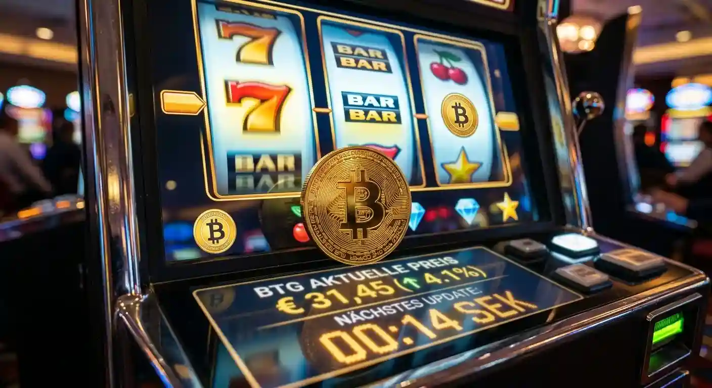 Goldene BTG-Münze auf einem Spielautomaten-Walzenhintergrund mit dynamischem Preis-Countdown