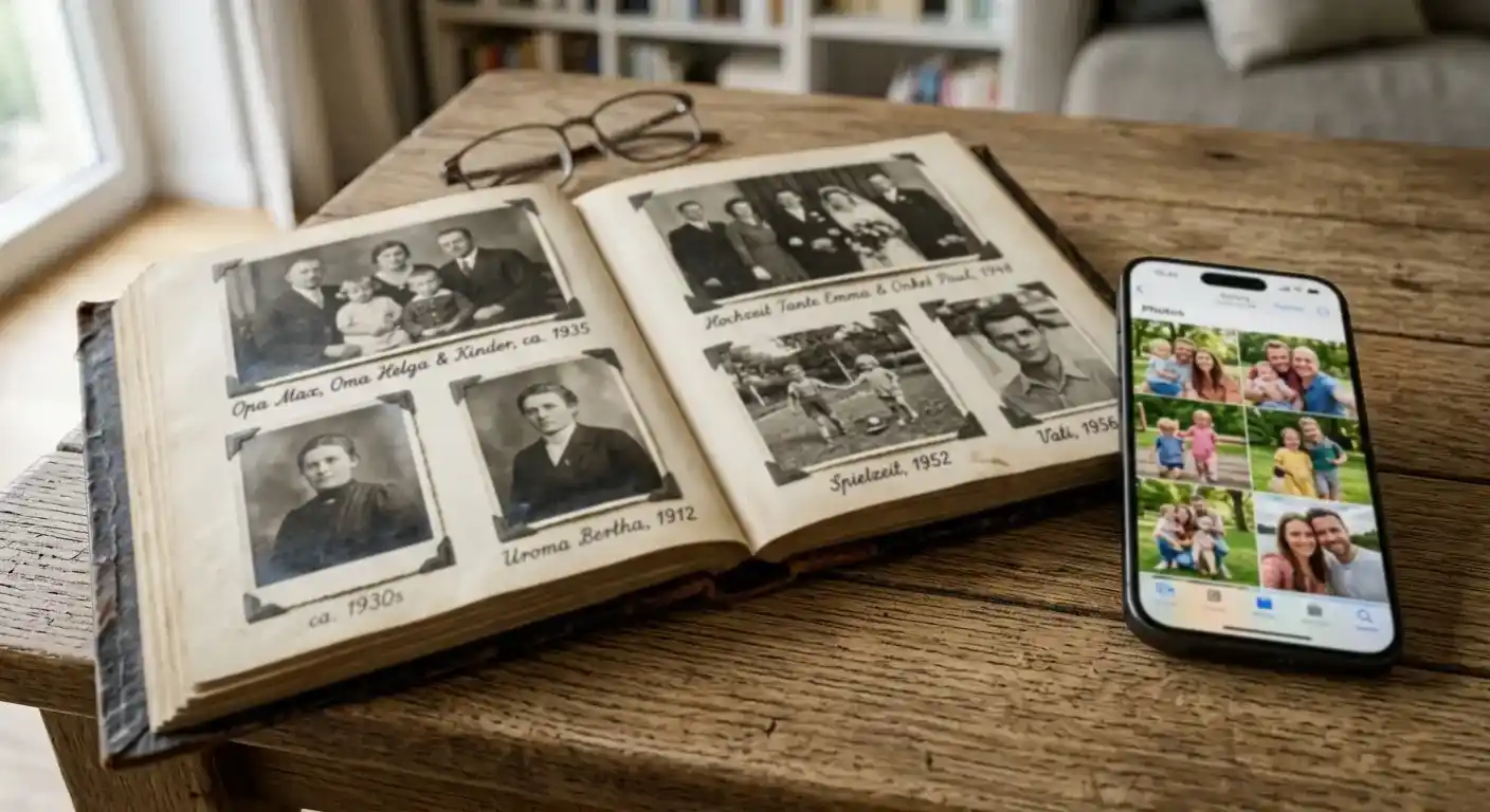 Familienalbum mit historischen Schwarz-Weiß-Fotos und Smartphone daneben