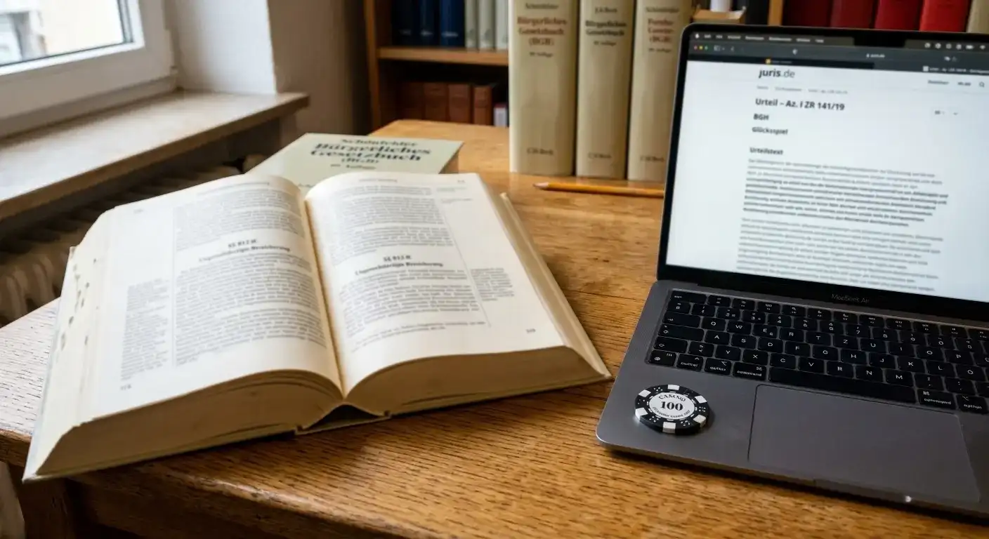 Aufgeschlagenes Gesetzbuch und Laptop mit einem neutralen Spielchip