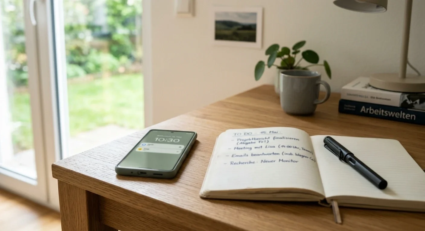 Aufgeräumter Schreibtisch mit einem Smartphone und einem handschriftlichen Notizblock in ruhigem Licht