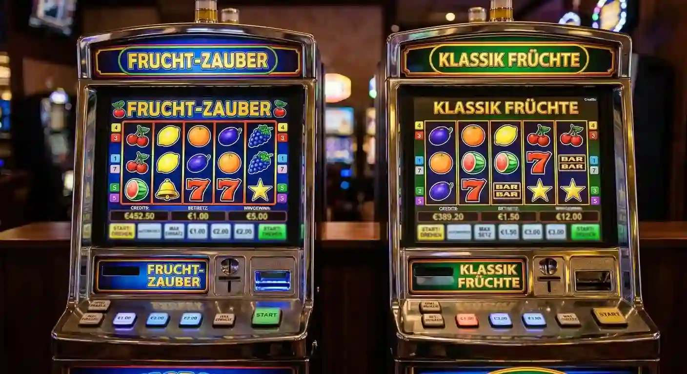 Zwei nebeneinander gestellte Fruit-Spielautomat-Oberflächen als Sinnbild vergleichbarer Alternativen