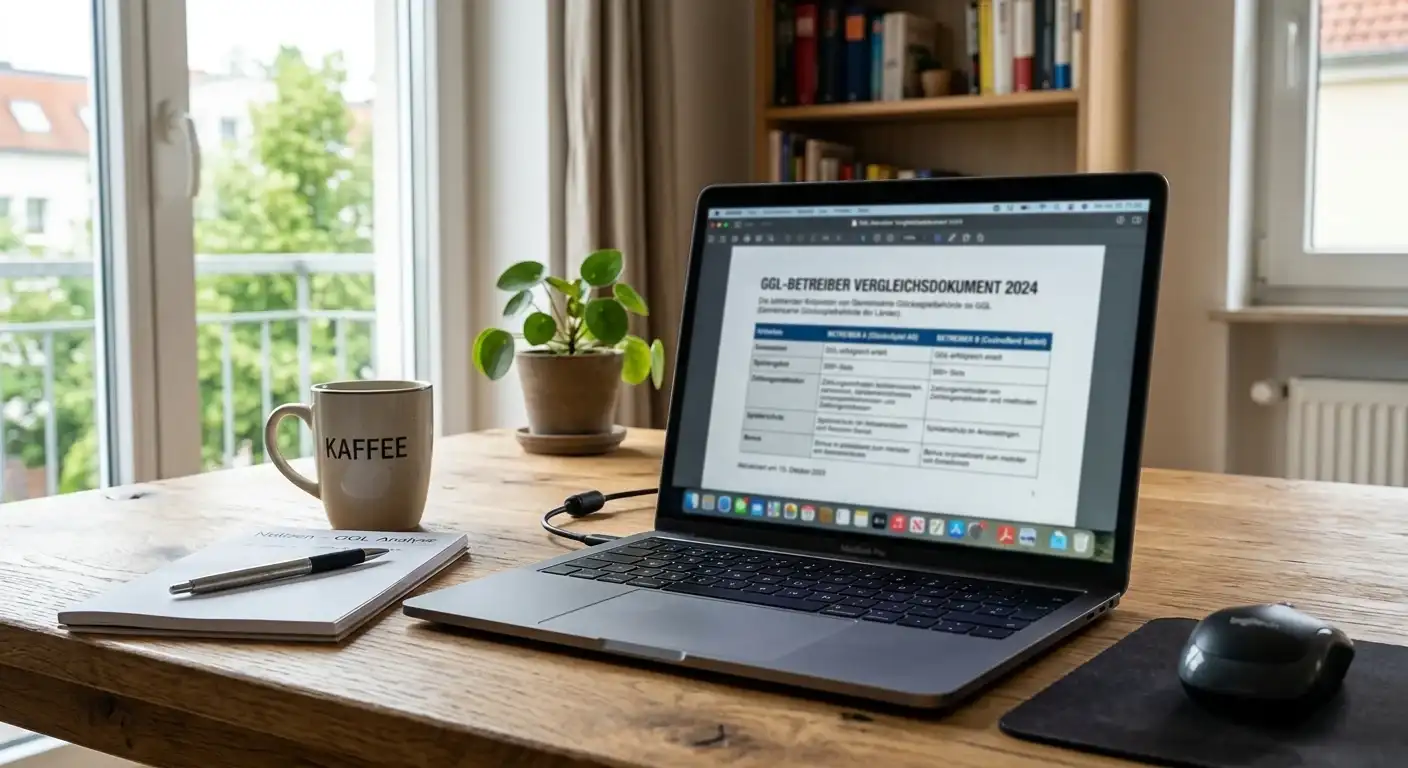 Schreibtisch mit Laptop und geöffnetem Vergleichsdokument der GGL-Betreiber