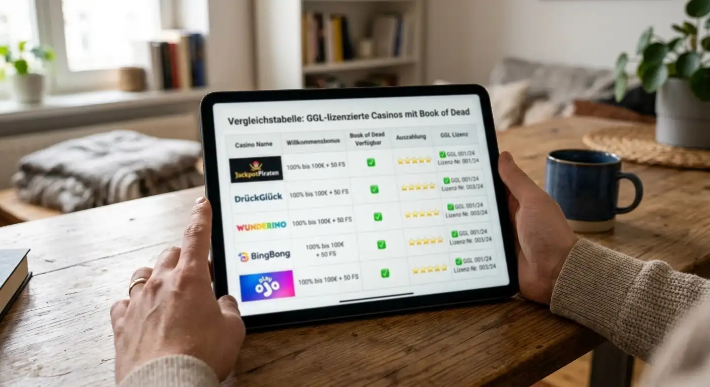 Vergleichstabelle GGL-lizenzierter Casinos mit Book of Dead auf Tablet