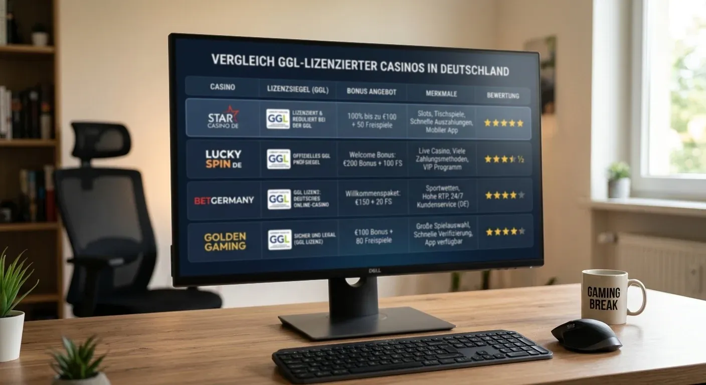 Vergleichsraster mehrerer GGL-lizenzierter Casinos mit Lizenzsiegel und Merkmalen