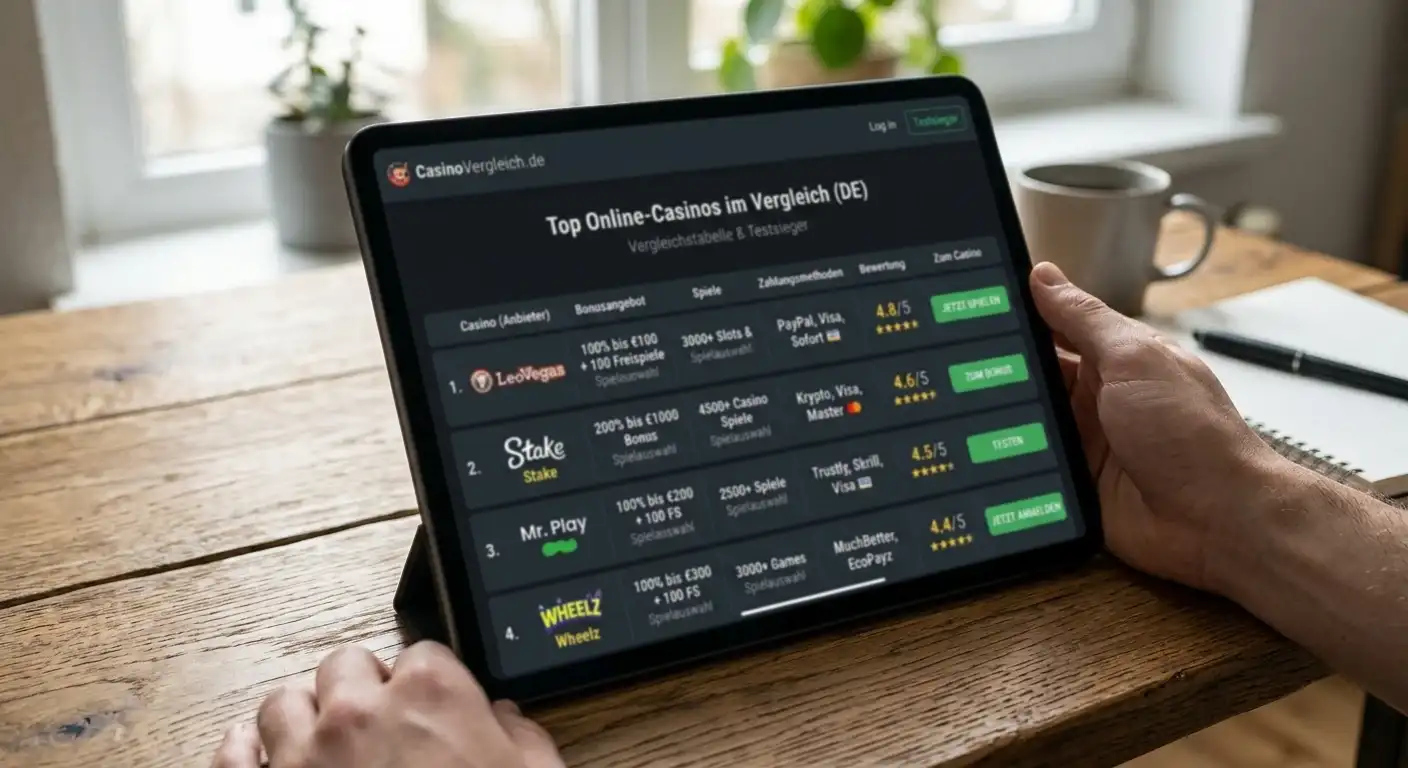 Vergleichstabelle verschiedener Online-Casinos auf Tablet-Display