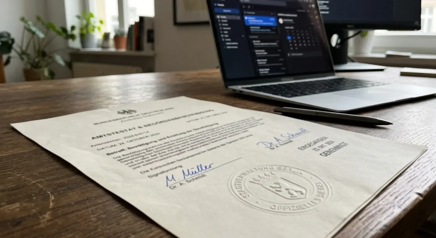 Amtlich wirkendes Papierdokument mit geprägtem Stempel, im Hintergrund ein unscharfer Laptop