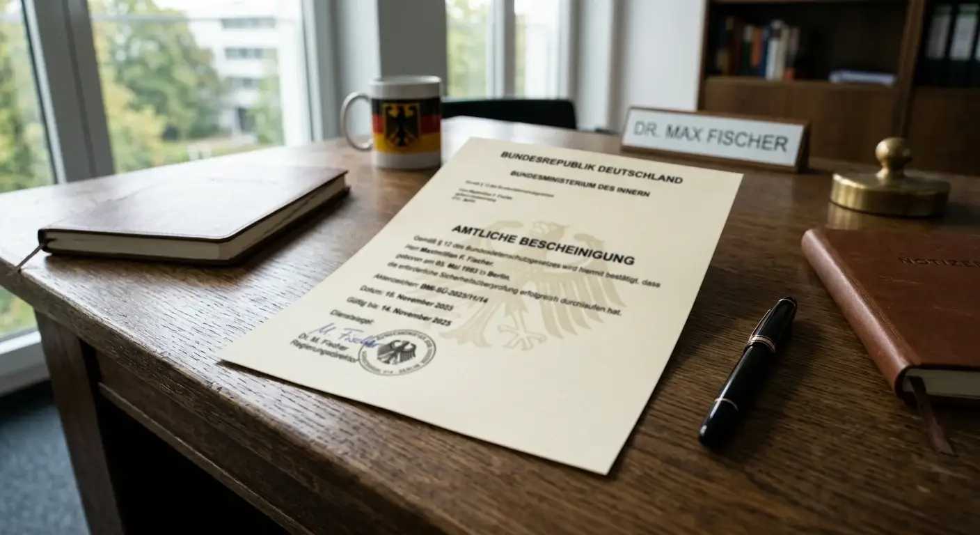 Offizielles Dokument auf Schreibtisch mit deutschem Bundesadler-Wasserzeichen