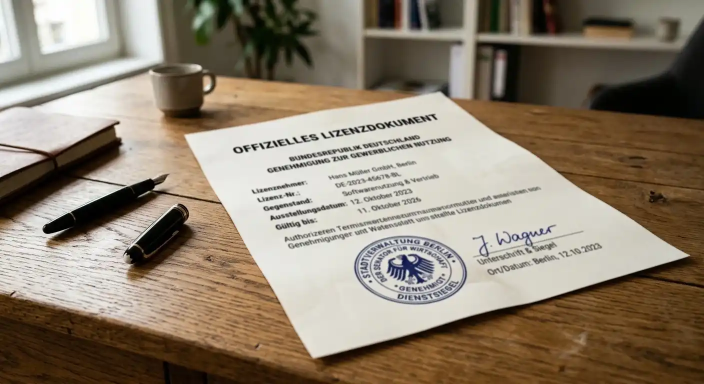 Offizielles Lizenzdokument mit Rundstempel auf einem Holzschreibtisch