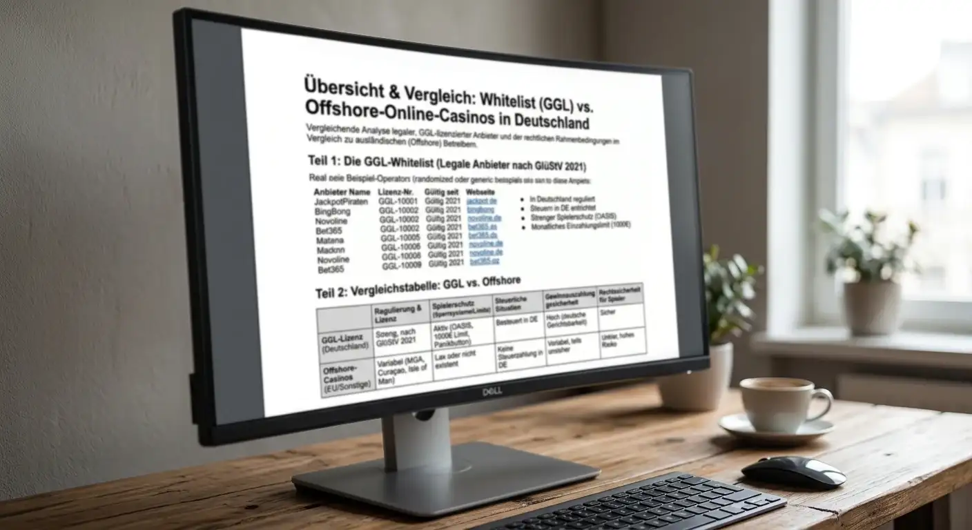 Dokument mit GGL-Whitelist und Vergleichstabelle Offshore-Casinos