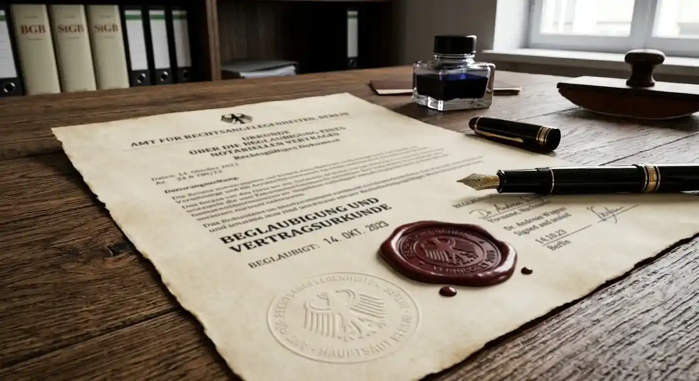 Amtlich wirkendes Rechtsdokument mit geprägtem Stempel und einem Füllfederhalter daneben