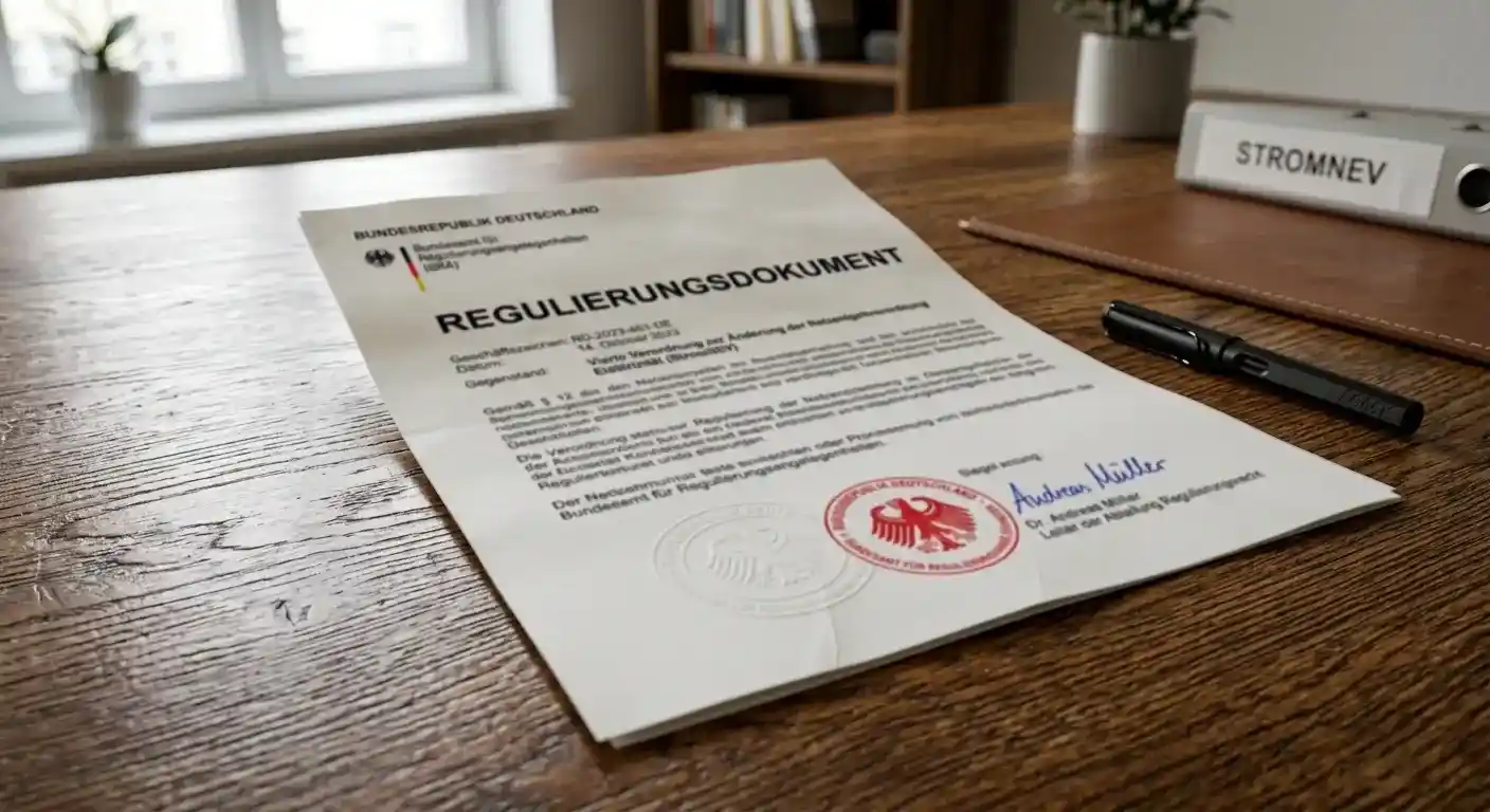 Offizielles deutsches Regulierungsdokument mit Siegel auf Holzschreibtisch