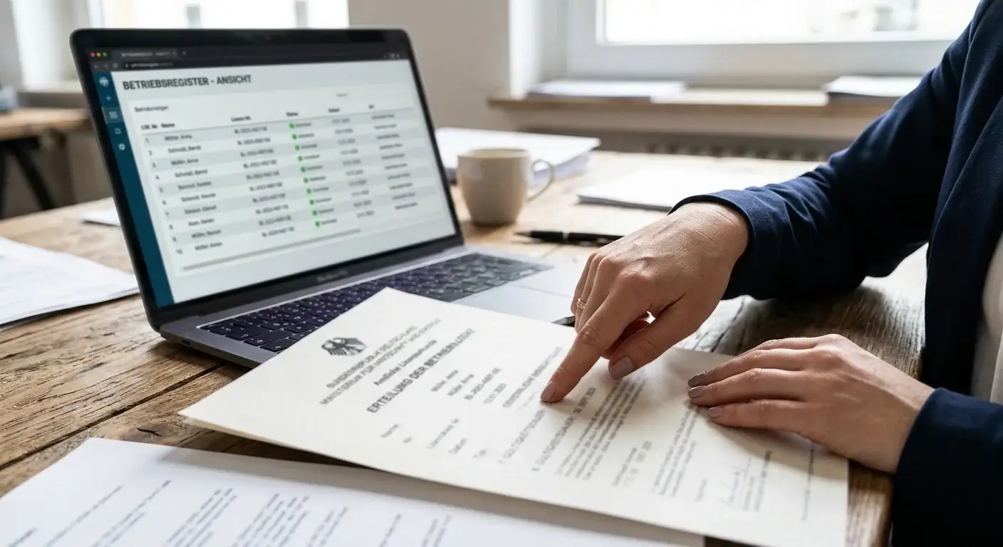 Hand zeigt auf eine Zeile eines amtlichen Lizenzdokuments, im Hintergrund eine Registerliste am Laptop
