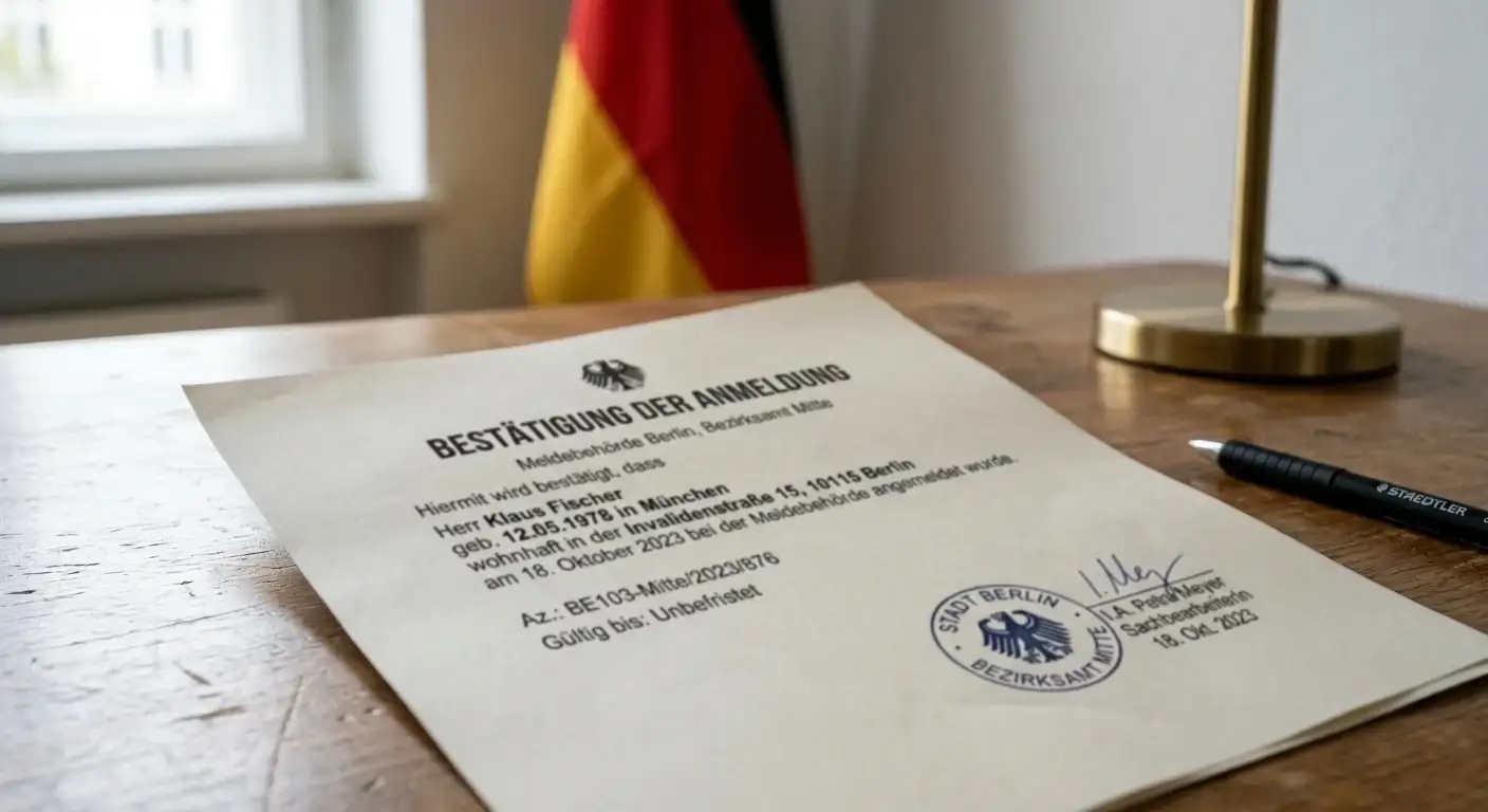 Neutrales Dokument mit offiziellem Stempel und deutscher Flagge im Hintergrund