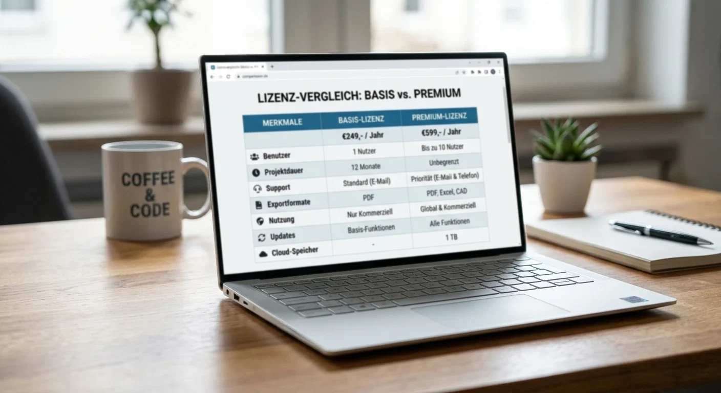 Vergleichstabelle mit zwei Lizenzkategorien auf Laptop-Bildschirm