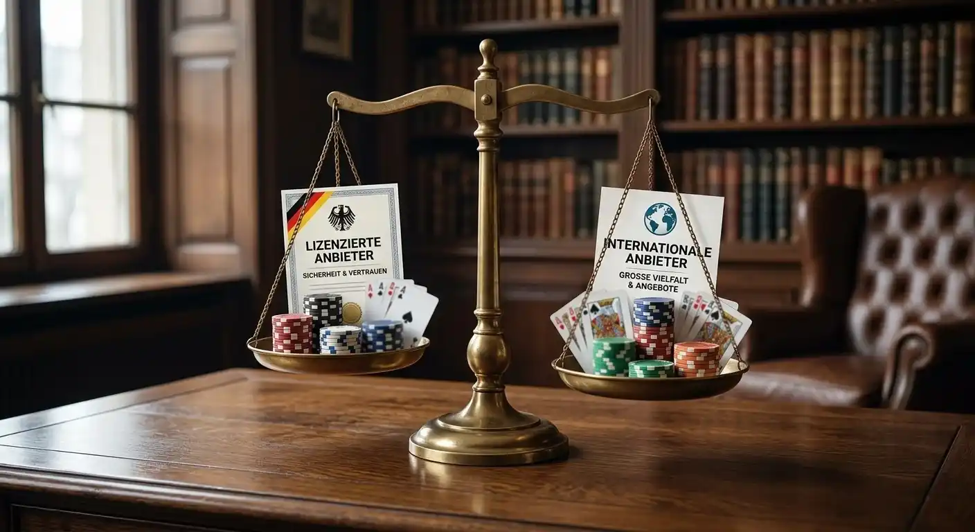 Waage als Symbol für den Vergleich lizenzierter und internationaler Poker-Anbieter