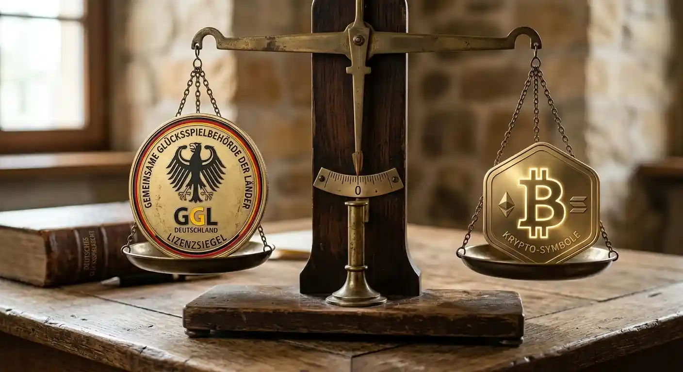 Waage mit GGL-Lizenzsiegel auf einer Seite und Krypto-Symbol auf der anderen