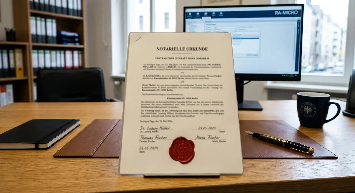 Gedrucktes deutsches Rechtsdokument mit offiziellem Siegel auf einem ordentlichen Schreibtisch
