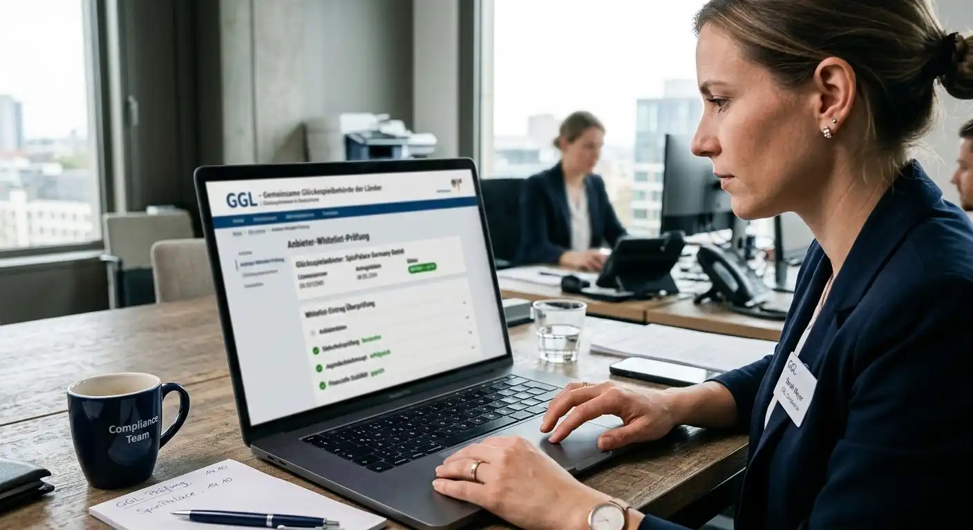 GGL Whitelist Prüfung eines Casino Anbieters am Laptop