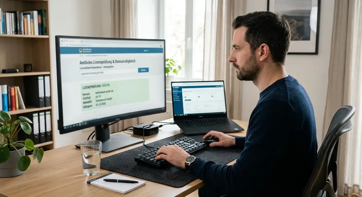 Amtliche Lizenzprüfung und Domainabgleich an einem neutralen Arbeitsplatz