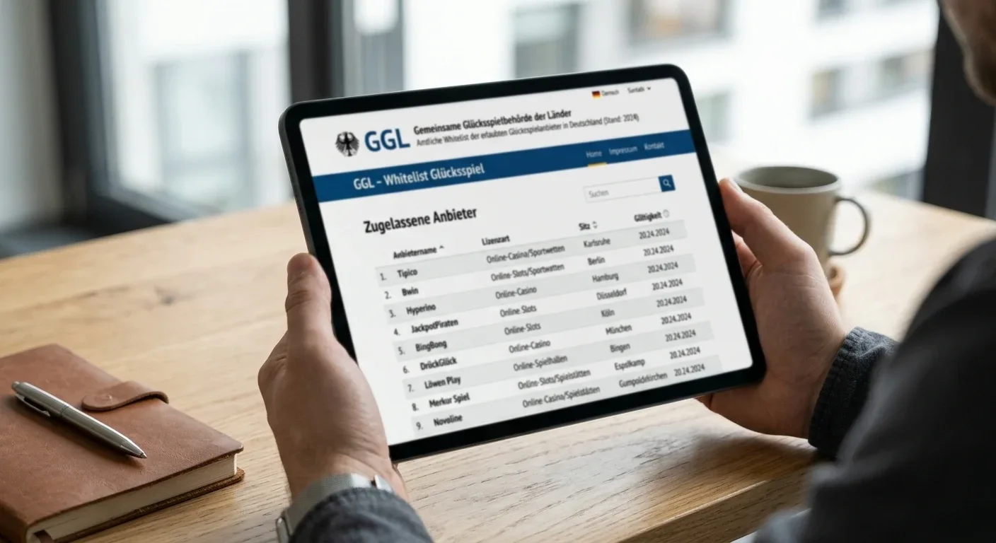 Offizielle GGL-Whitelist auf Tablet-Bildschirm mit lizenzierten Casino-Namen