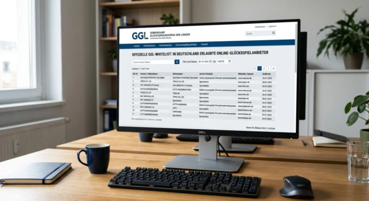 Offizielle GGL-Whitelist auf Bildschirm mit deutschen Casino-Lizenzen