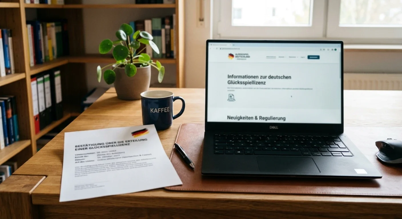 Schreibtisch mit Laptop und aufgedrucktem Dokument zur deutschen Glücksspiellizenz ohne Wappen