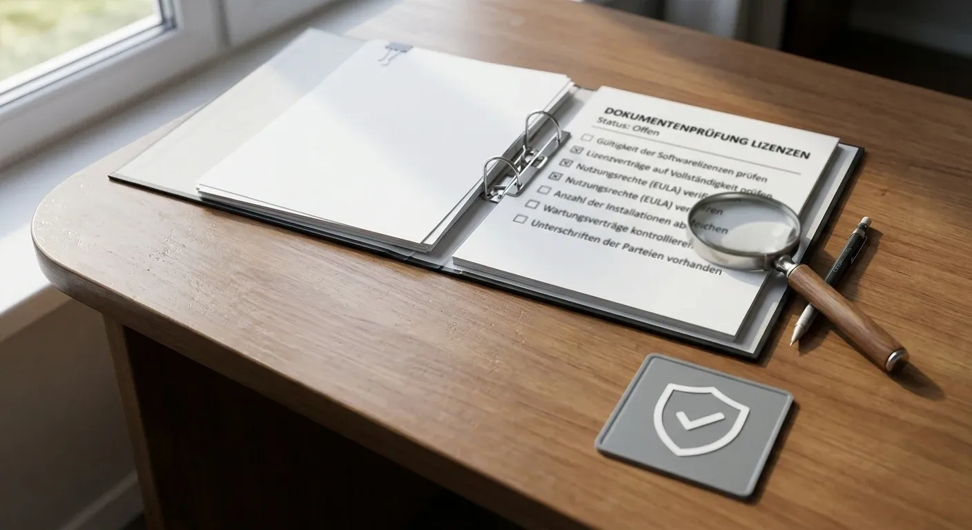 Neutrale Dokumente mit Checkliste, Lupe und Schildsymbol zur Lizenzprüfung