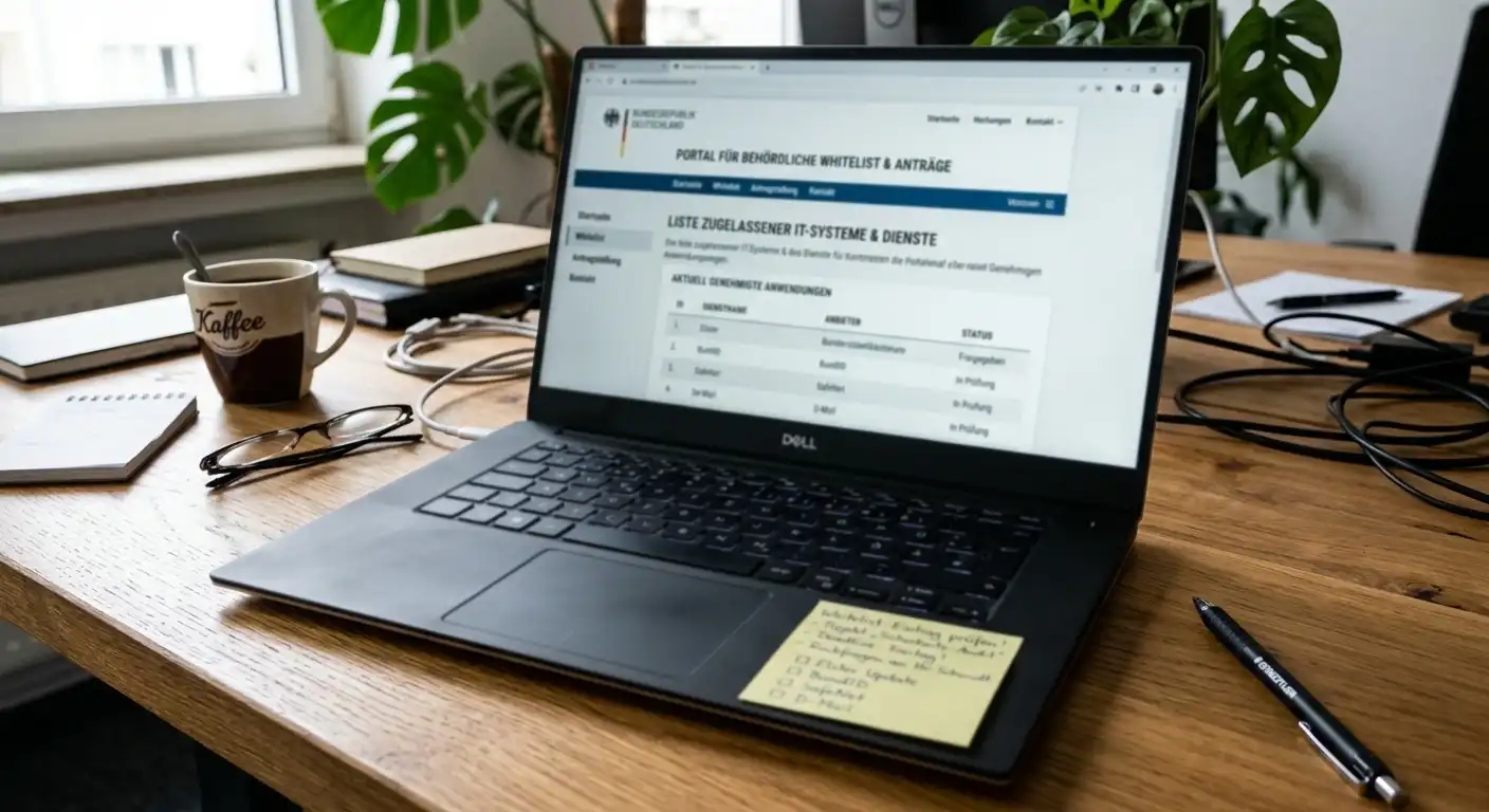 Laptop mit geöffneter behördlicher Whitelist-Seite und Notizzettel