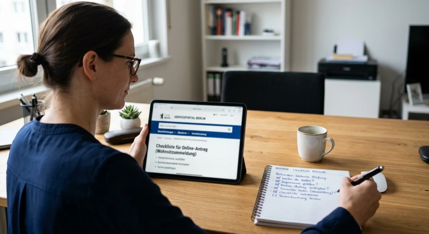Person prüft eine Behörden-Website auf dem Tablet neben einem Notizblock mit Häkchen
