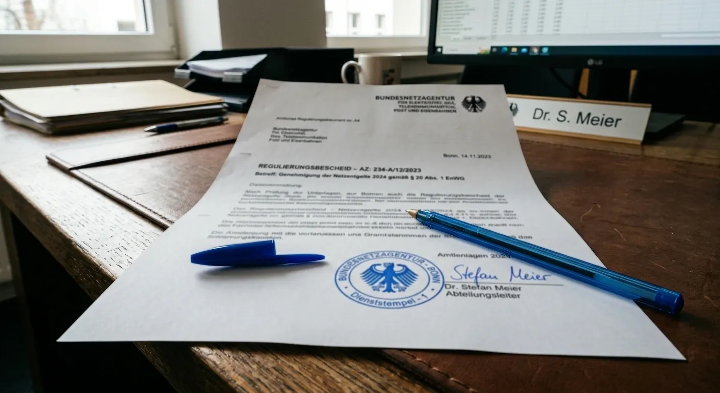 Amtliches deutsches Regulierungsdokument mit Stempel und Kugelschreiber auf einem Schreibtisch