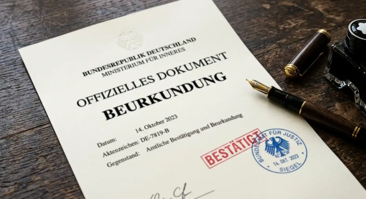Gestempeltes offizielles Dokument mit Füllfederhalter auf dunklem Holztisch