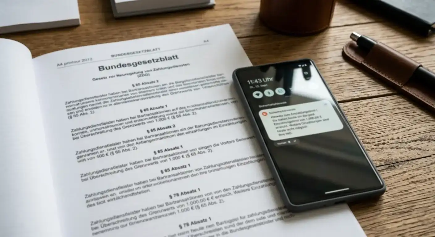 Gesetzesdokument mit Smartphone zeigt 1000-Euro-Limit-Benachrichtigung
