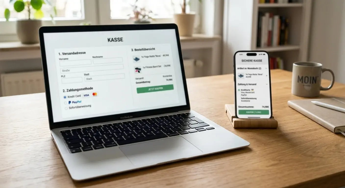 Neutraler Kassenbereich auf einem Laptop neben einem Smartphone