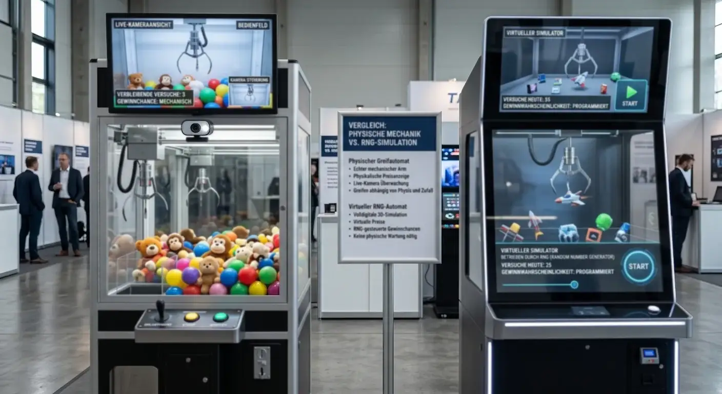 Vergleich zwischen physischem Greifautomat mit Kamera und virtuellem RNG-Automat