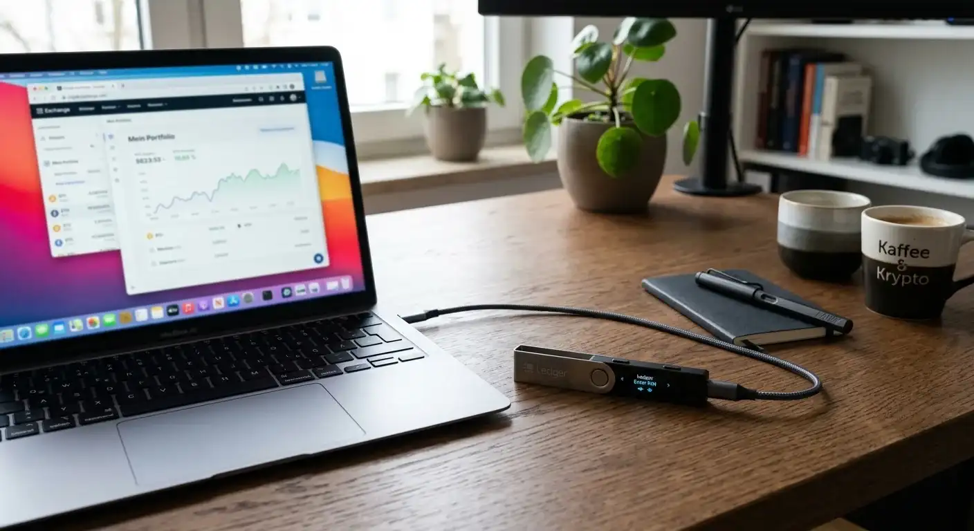 Hardware-Wallet auf Schreibtisch neben Laptop