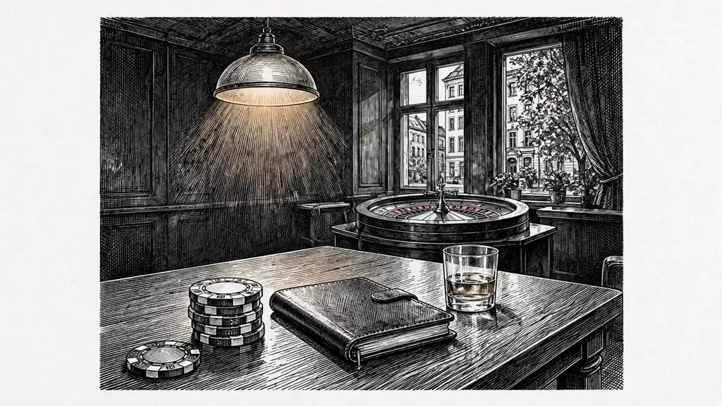 Casino-Chips, Roulettekessel und Whiskey auf einem Holztisch in gedämpftem Licht