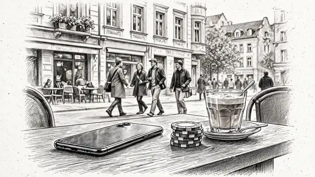 Smartphone mit Casino-Chips auf einem Berliner Cafétisch.