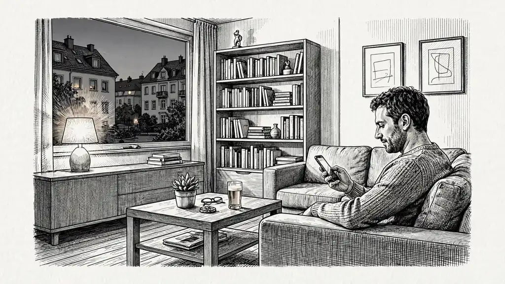 Mann entspannt mit Smartphone in modernem deutschen Wohnzimmer bei warmem Licht.