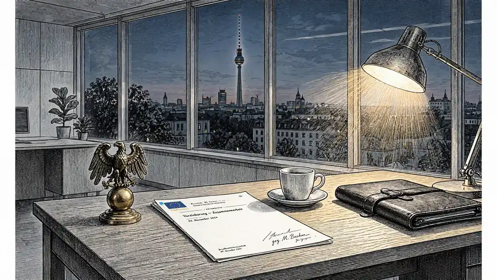 Berliner Büro bei Dämmerung mit Dokumenten und Adler-Briefbeschwerer auf dem Schreibtisch.