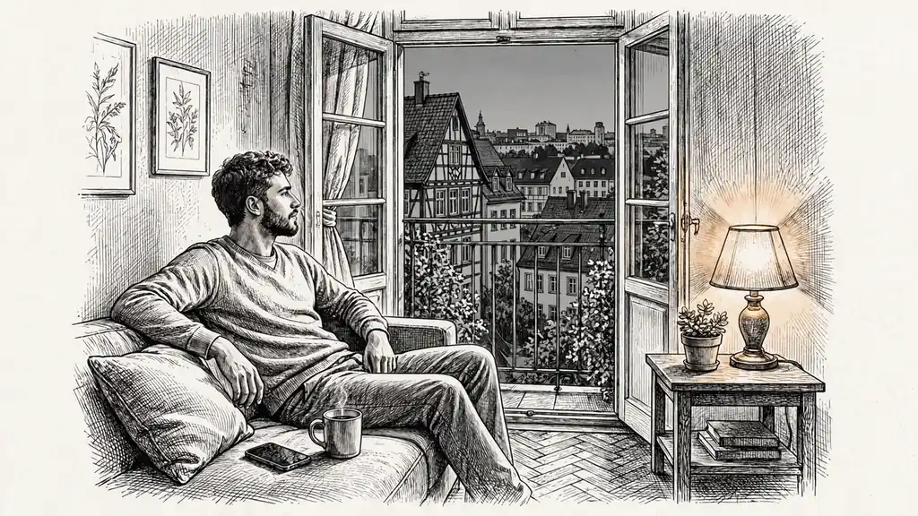 Gemütlicher Abend in deutscher Wohnung mit Smartphone und Blick auf Altstadt
