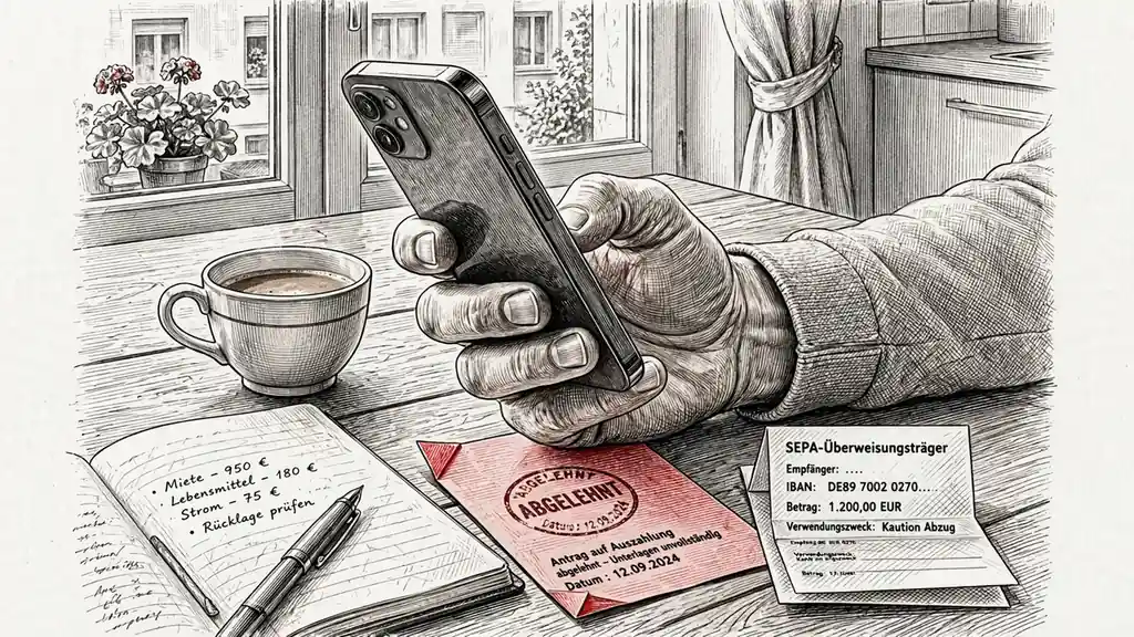Smartphone und abgelehnter Auszahlungsbeleg auf einem Tisch