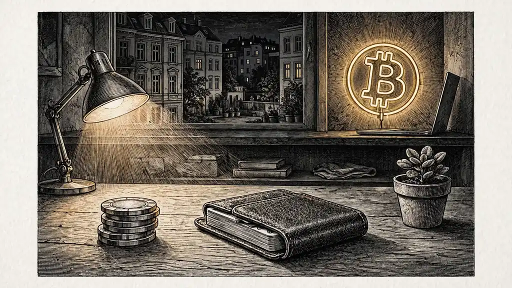 Moderner Berliner Schreibtisch mit Poker-Chips, Karten und leuchtendem Bitcoin-Symbol.