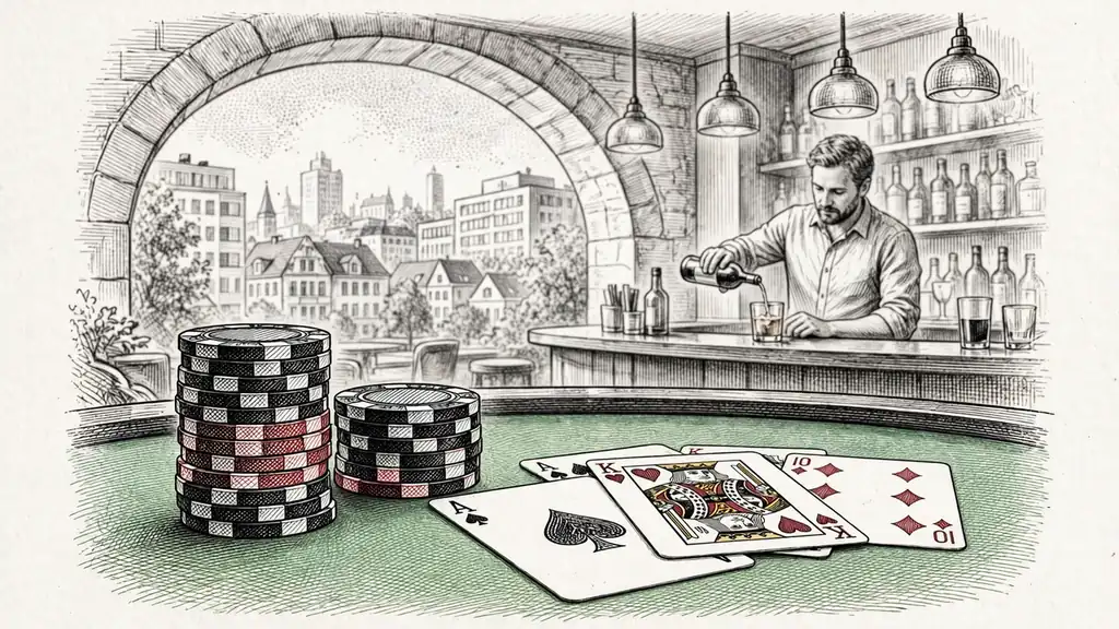 Casino-Chips und Spielkarten auf grünem Filz mit modernem deutschen Barbereich im Hintergrund.