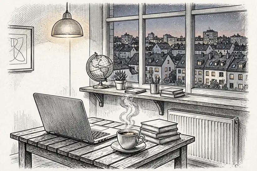 Gemütlicher Abend in einer deutschen Wohnung mit Laptop, Kaffeetasse und Globus im Regal.