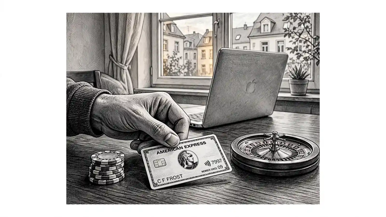 Hand mit American-Express-Karte auf einem Tisch mit Casino-Chips und Roulette