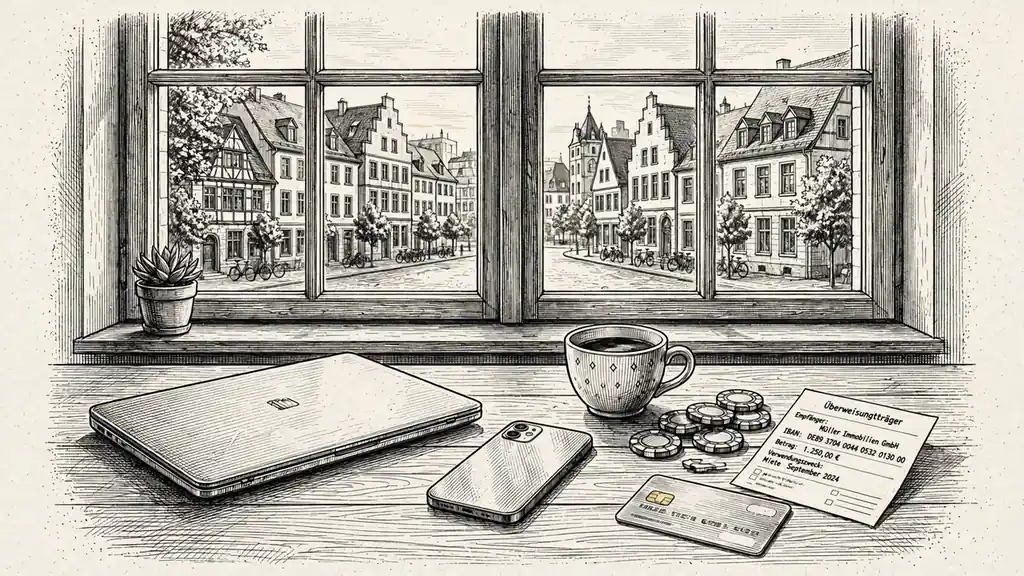 Moderner deutscher Schreibtisch mit Laptop, Spielchips und Bankkarte am Fenster mit Stadtblick.