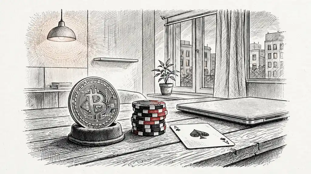 Bitcoin-Münze neben Casino-Chips und geschlossenem Laptop auf einem Tisch